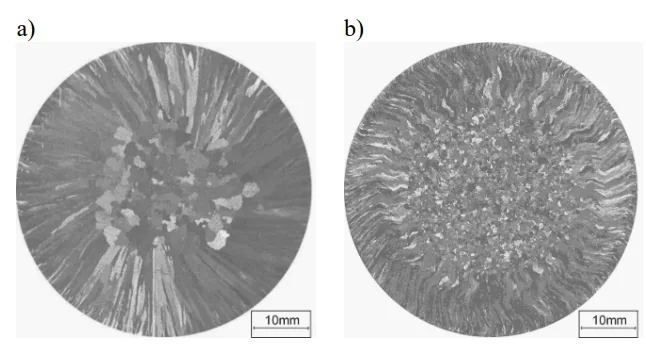 Fig. 2. Macrostructure of pure aluminium of type EN AWAl99,5 ingot in initial state (a), and after casting with influence of rotate electromagnetic field (b) [11] 