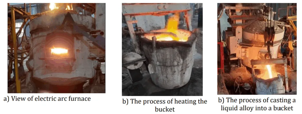 Figure 15: Casting process of liquefied gray cast iron alloy in an electric arc furnace.