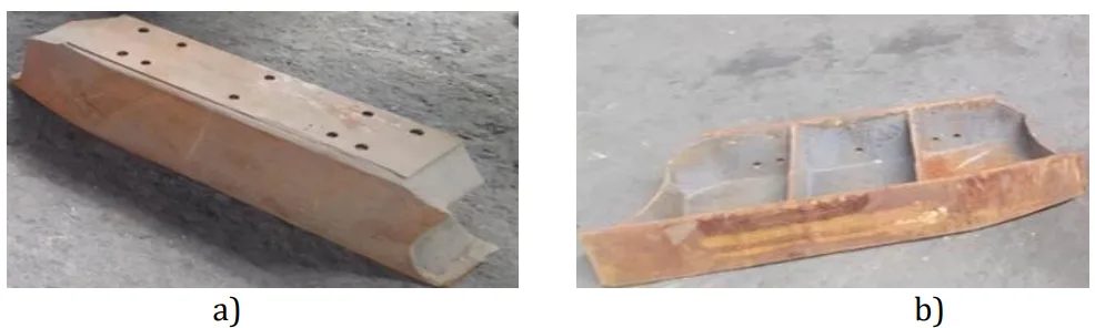 Figure 1: A detail of the lifting roof used by the enterprise "Uzmetkombinat" JSC. a) Rear view of the lifting roof detail b) Front view of the lifting roof detail
