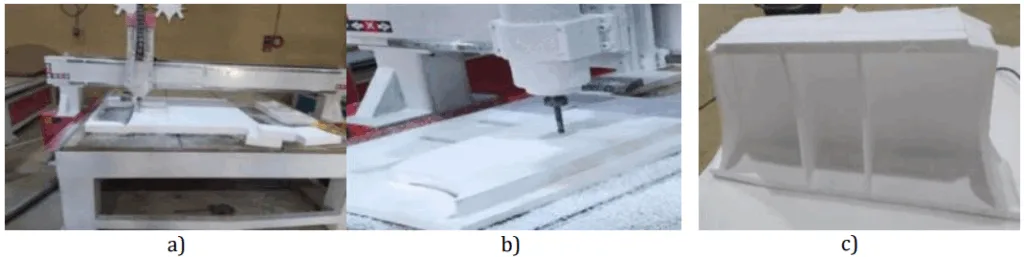 Figure 3: Models of lifting roof detail made of polystyrene material using a CNC ROUTER machine a) making from polystyrene on the CNC ROUTER device b) semi-finished model c) finished model