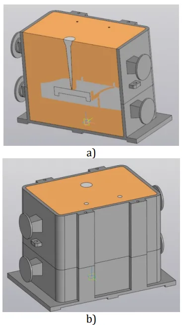 Figure 5: A figure of the placement of the mold of the lifting roof detail a) a cropped image of the placement of the models in the mold b) flasks layout of models