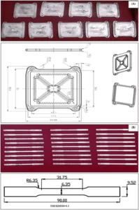 Fig. 1. Sample specimen of HPDC casting (A) Final castings with their dimensions (B) Tensile specimens with their dimensions used for the experimentations. HPDC, High pressure die casting