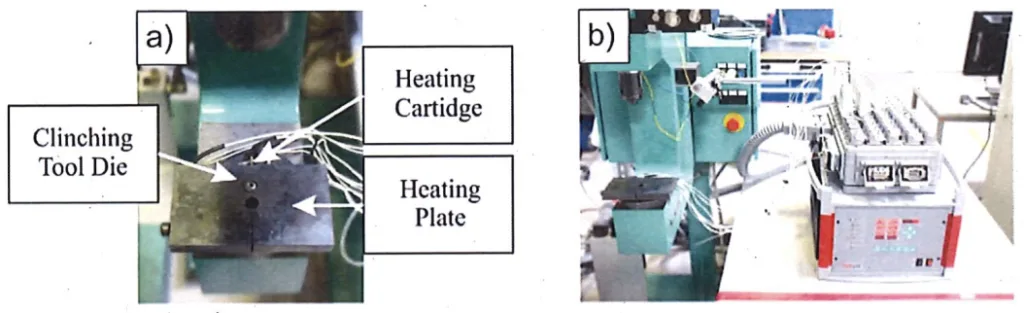 Fig. 7 a) Detailed view of the heating plate setup b) Overview of experimental setup.