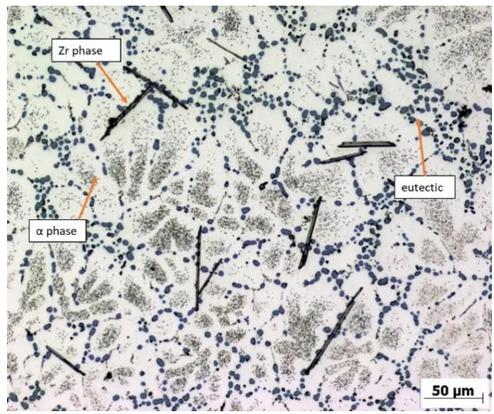 Fig. 4. Microstructure of AlSi7Mg0.3 with 0.2% Zr, with HT cast  into shell mold, etchant 0.5% HF.