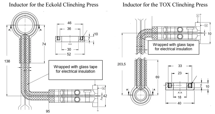 Fig. 3 Production drawing of the miniaturized ring inductor for the Eckold clinching press (left) and for the TOX clinching press (right)