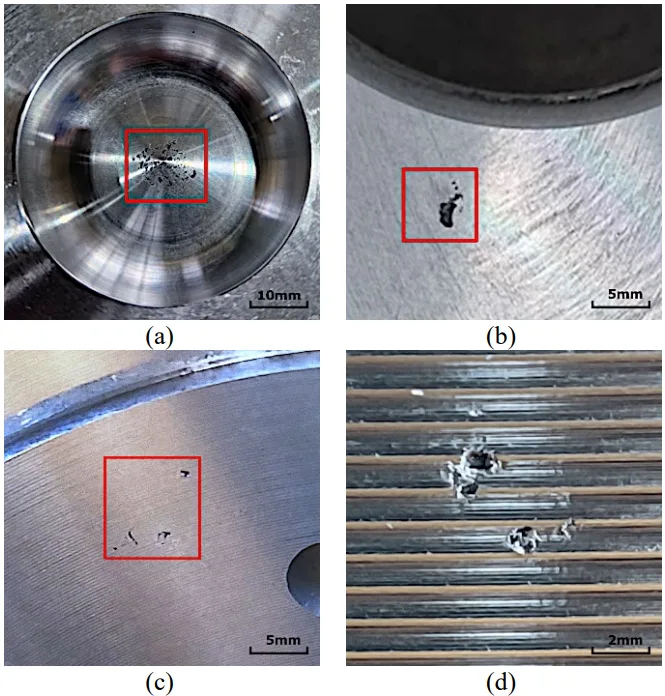 Fig. 2. Casting defects revealed after machining in important piston parts: combustion chamber (a), piston head (b), piston pin hole (c), piston skirt (d) [unpublished own research]