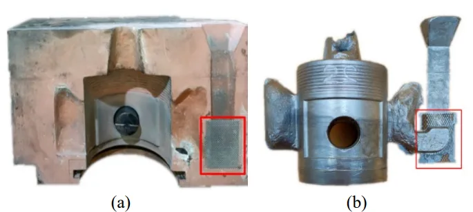 Fig. 4. Filter mesh position: (a) casting mould, (b) casting