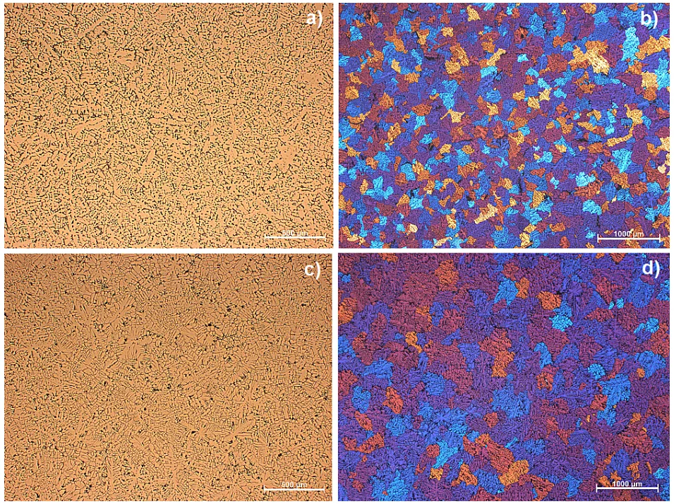 Fig. 2. Structure of the ingots cast with an average speed of; a, b) 30 mm/min; c, d) 100 mm/min (centre area of cross-section, light microscope; bright field and polarized light)