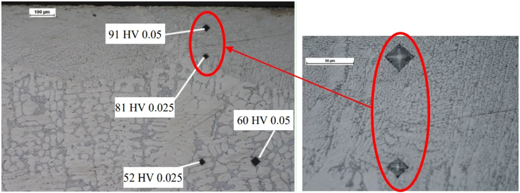 Fig. 3. Photographs of polished cross-sections with imprints from microhardness tests inside and outside of the remelting zone. Two loads were used. Distance from the remelting boundary approx. 400µm – 52 HV 0.025