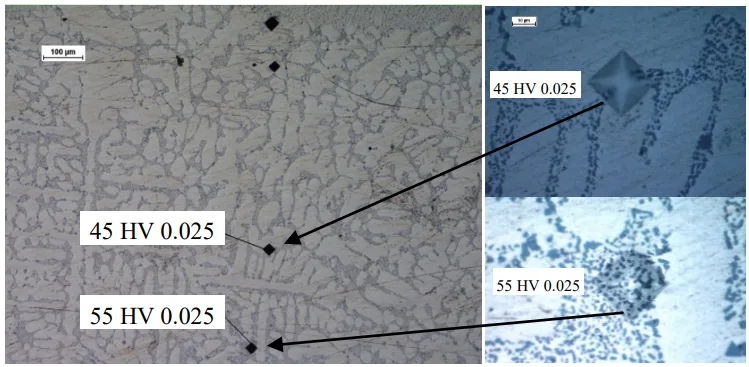 Fig. 4. Photographs of polished cross-sections with imprints from microhardness tests outside of the remelting zone (distance from the
remelting boundary – interface approx. 550 µm – 45 HV 0.025 and 850 µm – 55HV0.025)