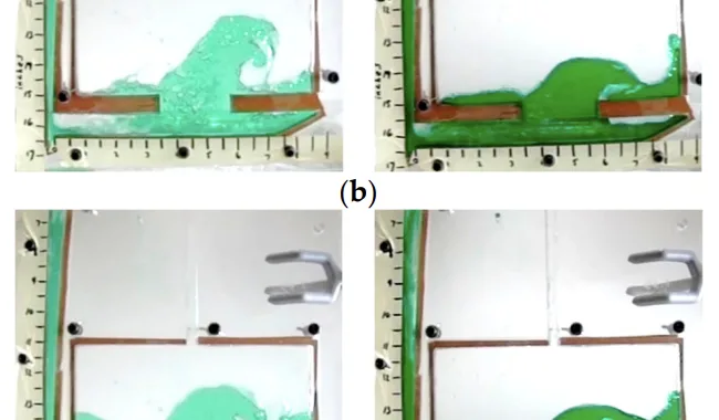 Figure 7. Water testing results for Fr unmatched (left) vs. Fr matched (right) (a) 0.5 s after pullingplug, (b) 0.74 s (c) 1 s, (d) 1.24 s.