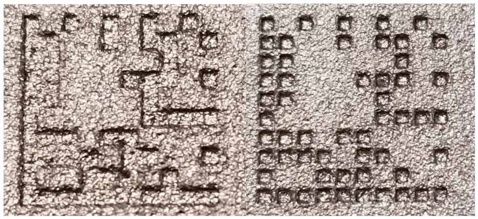 Figure 10: Close-ups of an 100% filled DMC (left) and a 80% filled DMC (right). The cell size (SC) is 1 mm.