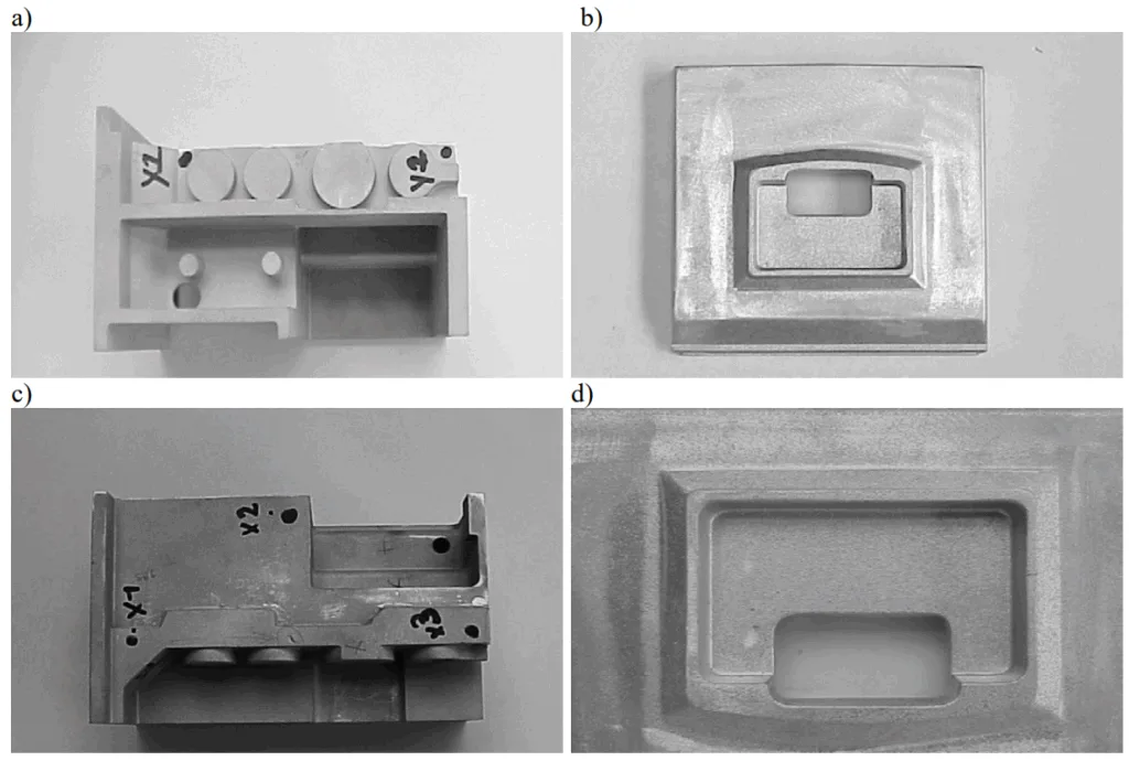 Fig. 1. Parts of housing used for anodizing in the state before anodizing: a) AlSi12, b) AlSi8 and after anodizing: c) AlSi12, d) AlSi8