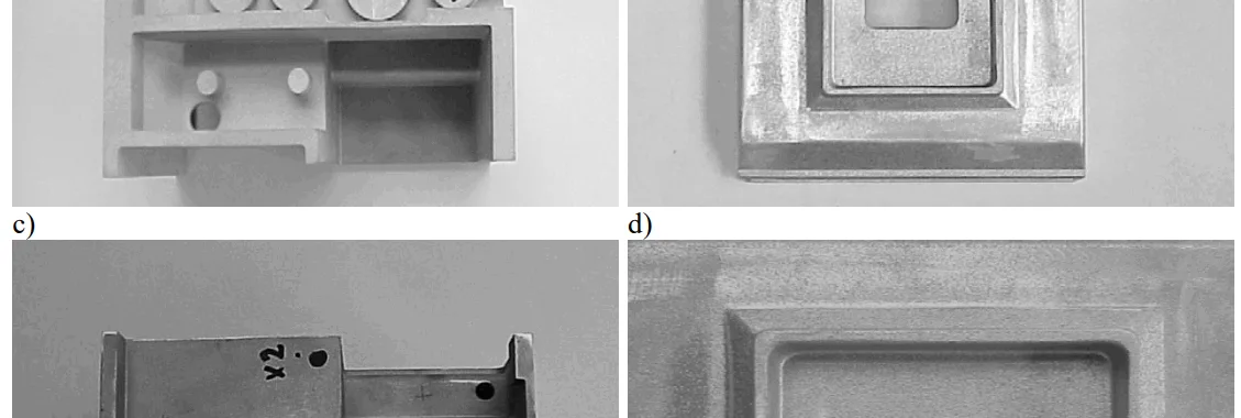 Fig. 1. Parts of housing used for anodizing in the state before anodizing: a) AlSi12, b) AlSi8 and after anodizing: c) AlSi12, d) AlSi8