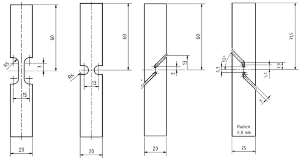 Figure 3: Test geometries for characterisation of the
damage behaviour (from left: flat tensile, notched, shear
tensile and Merklein shear).