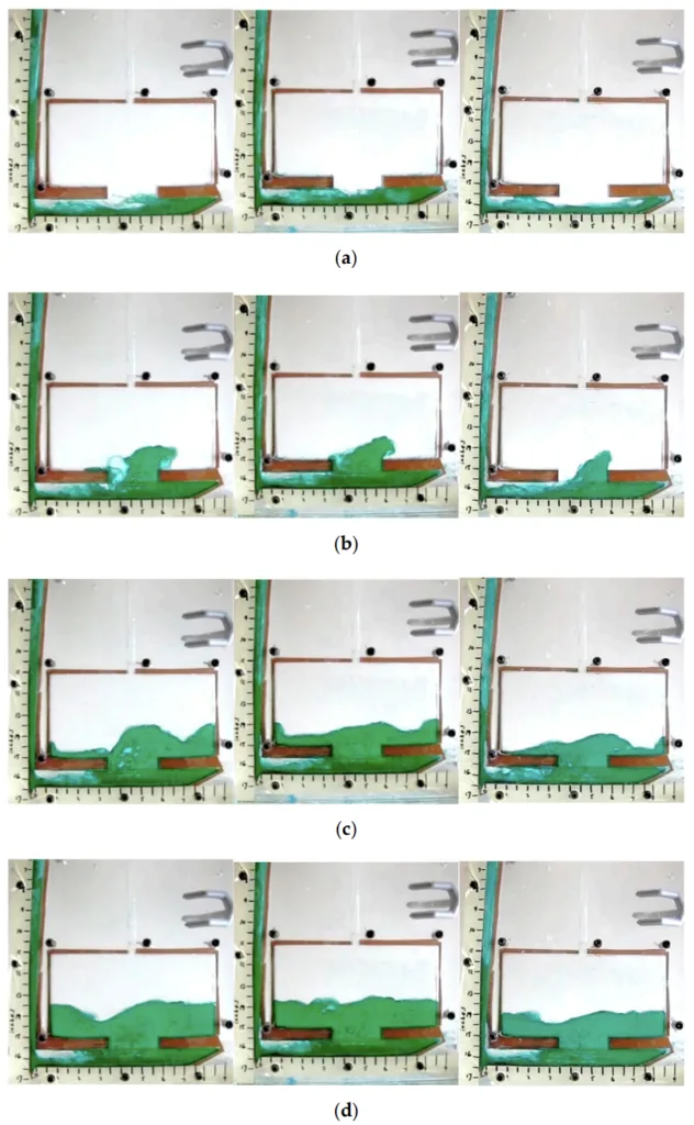 Figure 9. Succinonitrile testing results (a) 0.5 s after pulling plug, (b) 0.74 s (c) 1 s, (d) 1.24 s.