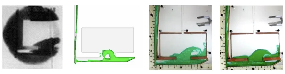 Figure 13. Aluminum in sand mold (left), Water in sand mold simulation (left middle), Unmatched Reynold’s number water in acrylic (right middle), Matched Reynold’s number water in acrylic (right).