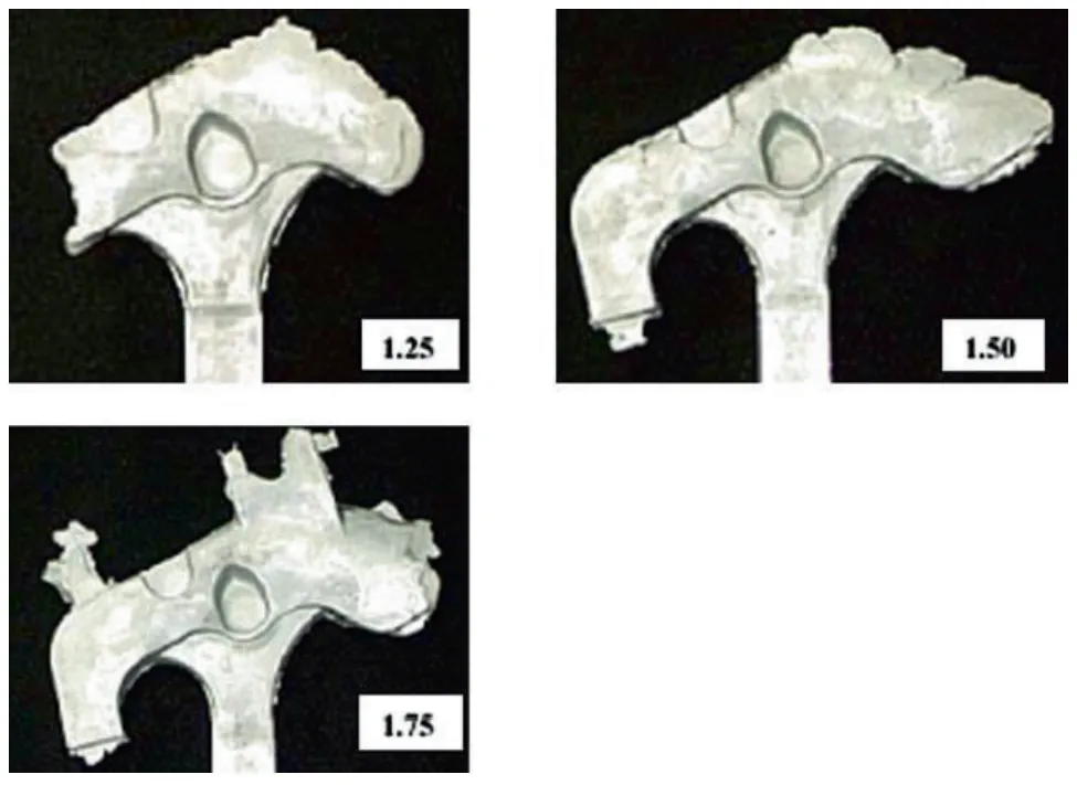 Fig. 11.3 Fill test of the motorcycle swing arm mount showing 1.25%, 1.50% and 1.75% filling
of the die cavity