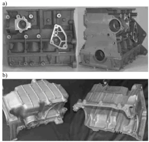 Fig. 1. Examples of automotive components made of Mg alloys a) engine block, b) oil pump