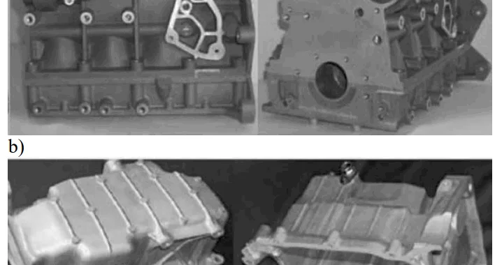 Fig. 1. Examples of automotive components made of Mg alloys a) engine block, b) oil pump