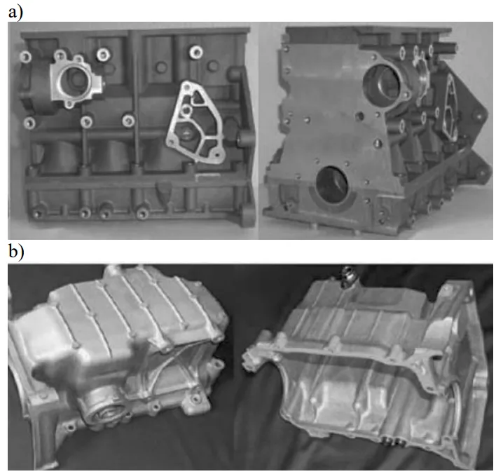Fig. 1. Examples of automotive components made of Mg alloys a) engine block, b) oil pump