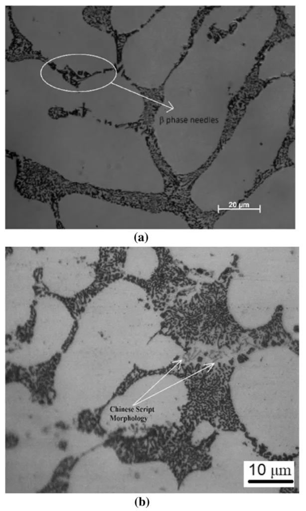 Fig. 11 Microstructural images of A356 alloy samples a Optical image of unmodified A356alloy showing presence of Fe-based bphase needles b Optical image of Sr-modified alloy showing Fe-based a-phase intermetallic with Chinese script morphology