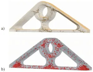 Figure 15: Pore distribution in real component (computertomography) (a), calculated pore distribution (b) Slika 15: Porazdelitev por v realnem elementu (ra~unalni{ka tomografija) (a), izra~unana porazdelitev por (b)