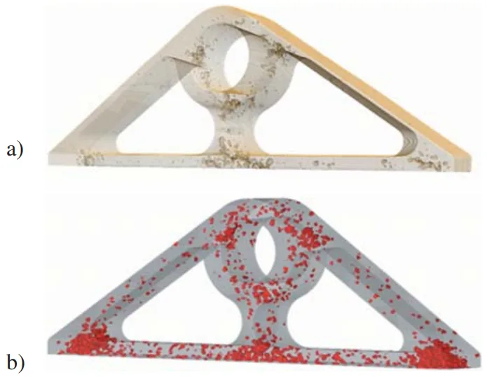 Figure 15: Pore distribution in real component (computertomography) (a), calculated pore distribution (b) Slika 15: Porazdelitev por v realnem elementu (ra~unalni{ka tomografija) (a), izra~unana porazdelitev por (b)