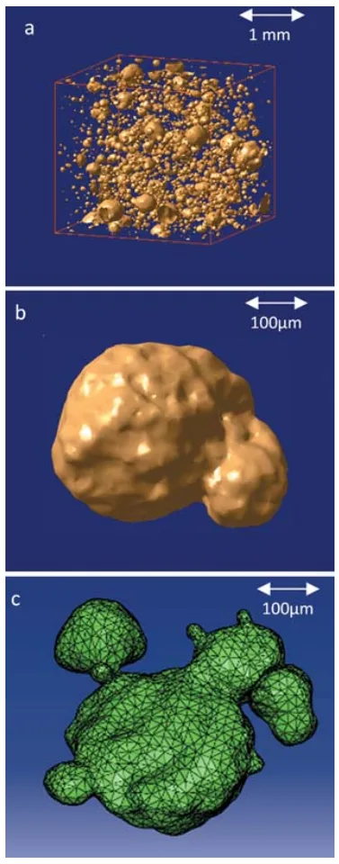 Figure 13: Results of computer tomography: a – Overview of tomographed cube; b – pore pressed by dendrites; c – meshed pore.