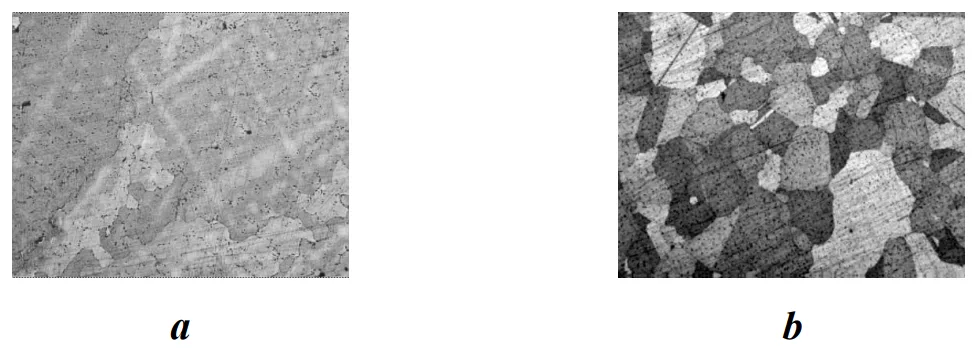 Fig. 1. Macrostructure of the GS3 nickel alloy, х100 а: before the
modification; b: after the modification