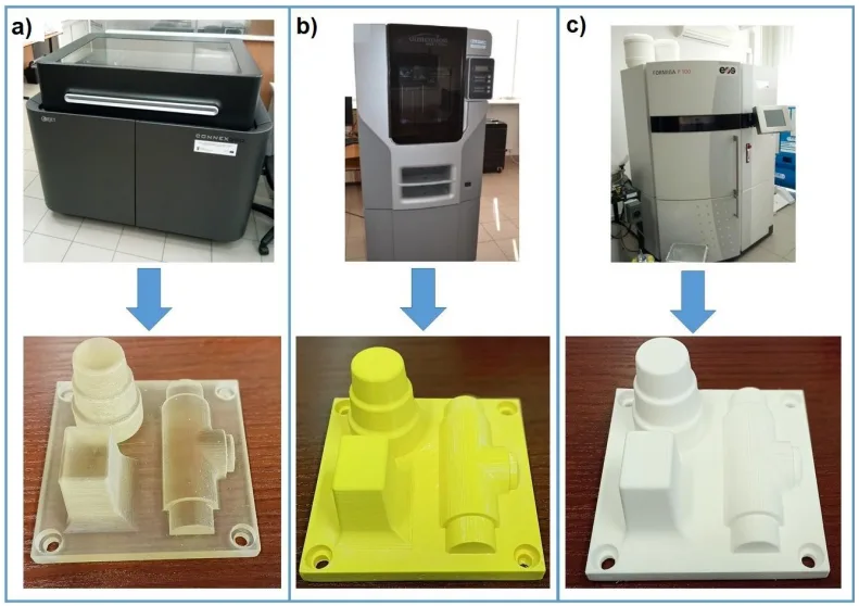 Fig. 2. 3D printers and printed patterns: a) PJM (Conex 350), b) FDM (Dimension 1200), c) SLS (Formiga P100)