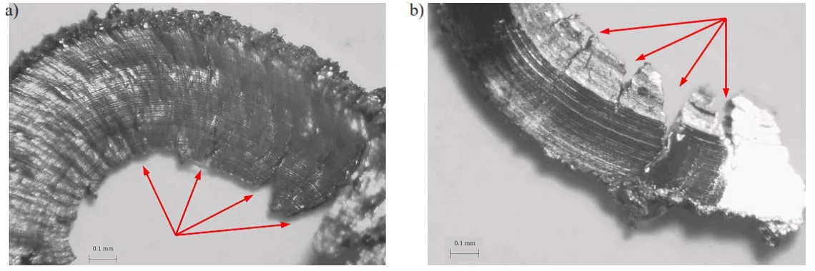 Fig. 5. Cracks on the inner (a) and outer (b) surface of the chip – turning of sintered material
