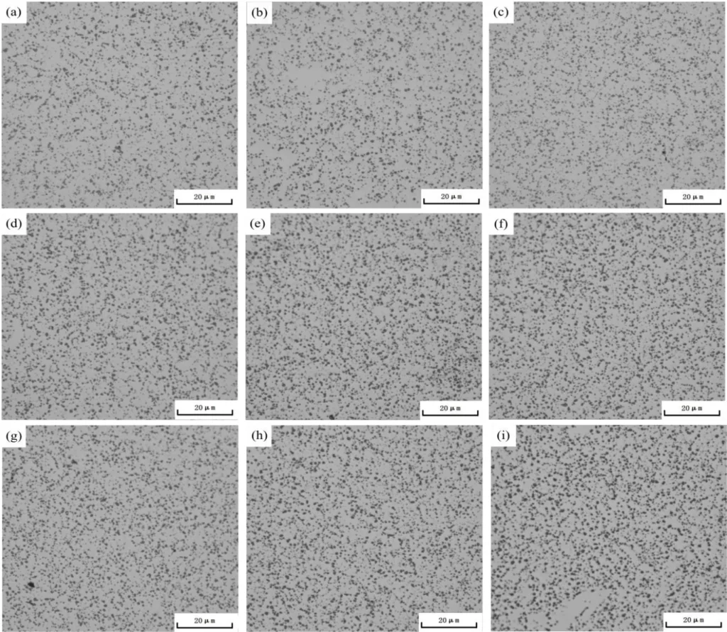 gure 3. Optical micrograph of AlSi10MnMg longitudinal carrier after single-stage aging at (a) 165 °C × 1 h; (b) 165 °C × 3 h; (c) 165 °C × 5 h; (d) 180 °C × 1 h; (e) 180 °C × 3 h; (f) 180 °C × 5 h; (g) 195 °C × 1 h; (h) 195 °C × 3 h; (i) 195 °C × 5 h. Figure 3. Optical micrograph of AlSi10MnMg longitudinal carrier after single-stage aging at (a) 165 ◦C × 1 h; (b) 165 ◦C × 3 h; (c) 165 ◦C × 5 h; (d) 180 ◦C × 1 h; (e) 180 ◦C × 3 h; (f) 180 ◦C × 5 h; (g) 195 ◦C × 1 h; (h) 195 ◦C × 3 h; (i) 195 ◦C × 5 h.