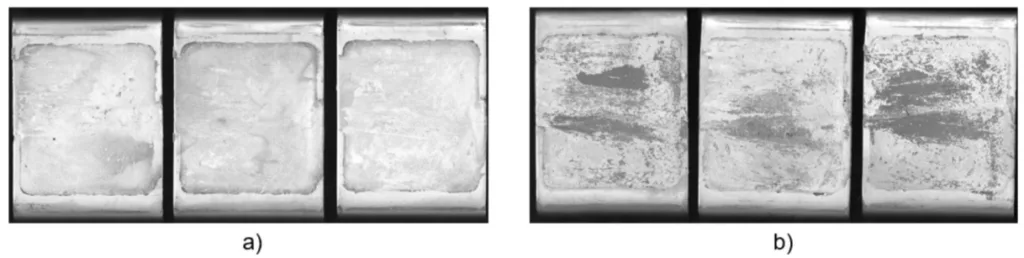 Fig. 24. Fracture surfaces of cross-tension specimens casted at a) low mould and preheating temperature and b) high mould and preheating temperature. Gate velocity was 40 m/s and casting temperature was 685 ◦C for both variants.