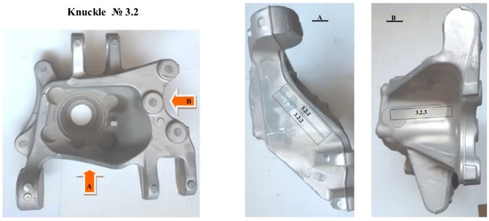 Fig. 4. Scheme of sampling for chemical, microstructural analysis and testing of mechanical properties (knuckle № 3.2)