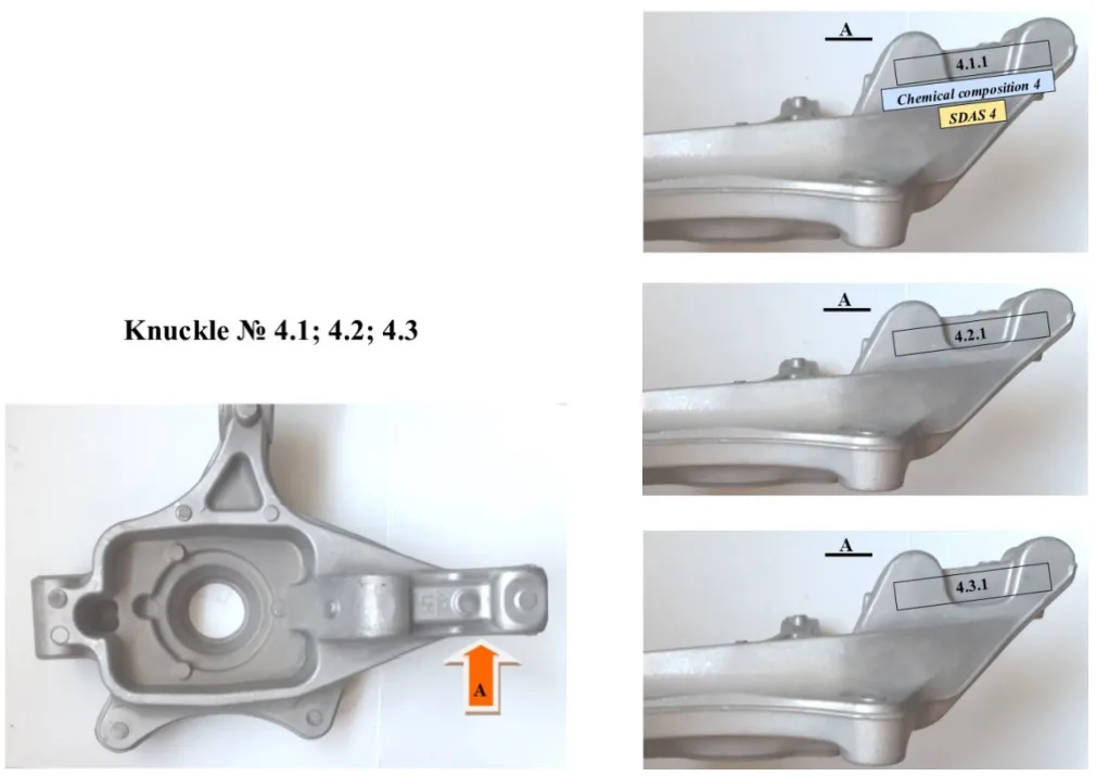 Fig. 5. Scheme of sampling for chemical, microstructural analysis and testing of mechanical properties (knuckle № 4)