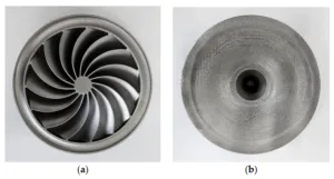 Figure 11. Backward-curved fan manufactured by sand casting with top-down gating system: (a) front; (b) back.