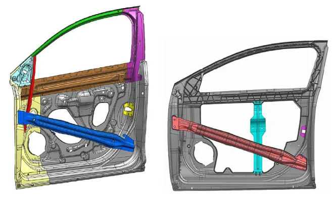 Fig. 4. Integrated magnesium door cast inner developed as part of a DOEsponsored project led by GM, right, and equivalent steel stamped door inner, left [10] (Copyright 2015 by IMA. Used with permission).