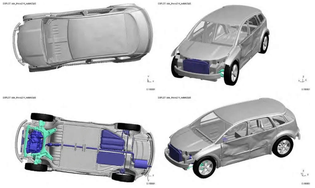 Fig. 8. Vehicle deformation resulting from 33.5 mph side barrier impact CAE simulations according to FVMSS 214 of the BIW structure in Ref. [9] (Copyright
2012 by CARB. Used with permission).