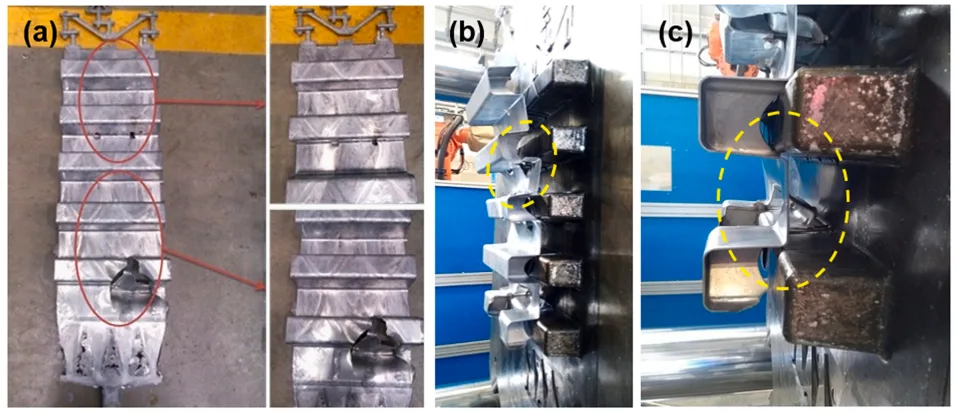 Fig. 9. The photos of the castings obtained at (a) respective melt temperature, die temperature, and the in-gate velocity of 720 ◦C, 100 ◦C, 55 m s − 1 ; and (b, c) the melt temperature, die temperature, and the in-gate velocity of 720 ◦C, 220 ◦C, 30 m s − 1
