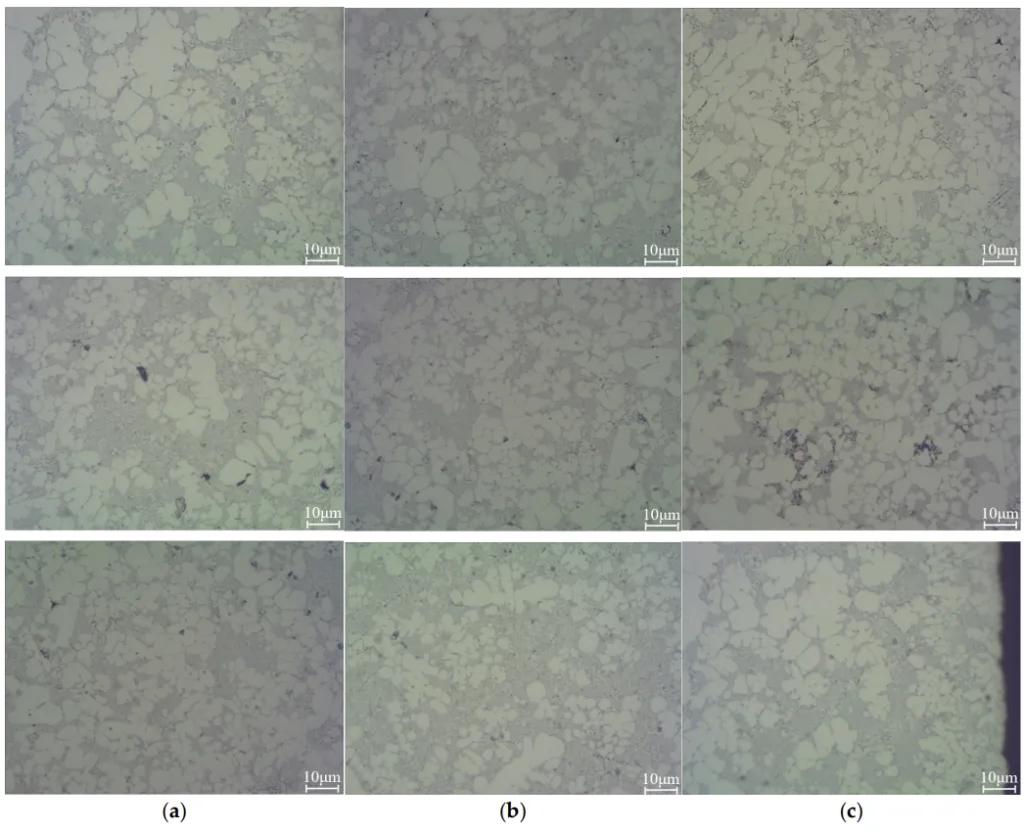 Figure 13. Microstructures of the backward-curved fan manufactured by sand casting with a top-down gating system: (a) front shroud; (b) back shroud; (c) blade.