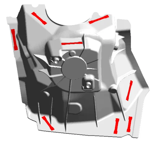 Figure 3. Schematic of the Shock tower component showing the position where the tensile coupons were obtained and areas for evaluations.