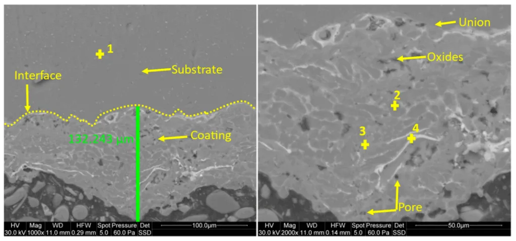 Figure 4. SEM micrographics of the new multicomponent-based coating at the magnification of ×1000 and ×2000.