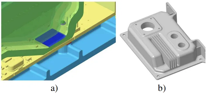 Fig. 6. Heat sink: a) upper part’s contact area pressing against the microprocessor, b) shape of the fins.