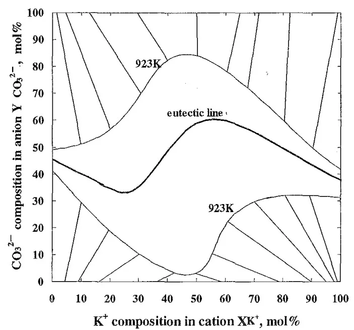 Fig. 4 Tie lines and liquidus lines at 923K with the eutectic line calculated with Thermo-Calc¹⁵).