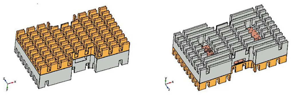 Figure 6. Second geometry (finned box): gray represents the aluminum part and orange represents
the copper part of the box