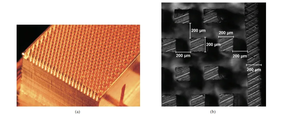 Fig. 9. Photographs of (a) copper heat sink and (b) pin fin geometry created by micro-end-milling