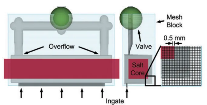 Figure 3. The specimen geometry with ingate and RYHUÀRZ DVPRGHOHGLQ WKH )'0PHVK LQ )ORZ' 7KH valve is used to simulate the vacuum-system used in the casting experiments.