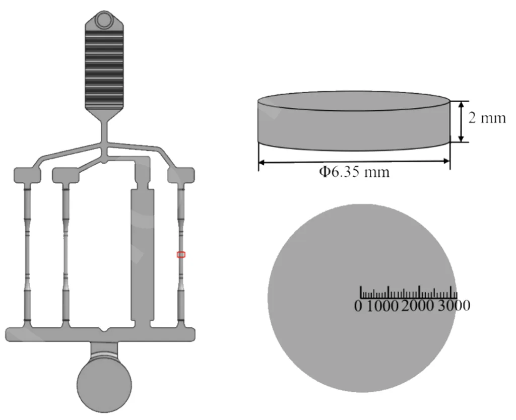 Fig. 1. casting schematic including three tensile bars with one diameter of 6.4 mm at the center and one plate sample with a thickness of 2.5 mm