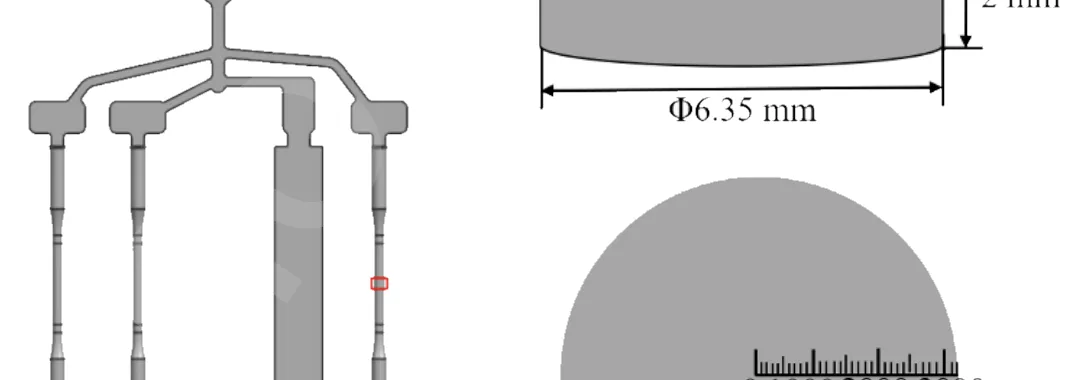 Fig. 1. casting schematic including three tensile bars with one diameter of 6.4 mm at the center and one plate sample with a thickness of 2.5 mm